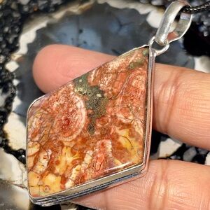 Diamond Shape Birds Eye Rhyolite Jasper Pendant 2  1/2”